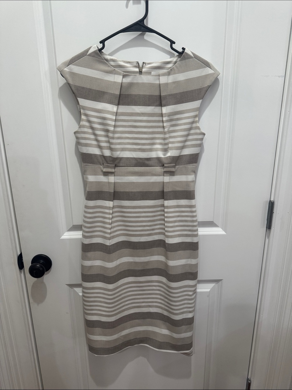 Calvin Klein Beige and White Striped Cap Sleeve Sheath Dress